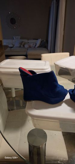 Navy Blue Suede Wedge Mule Heels