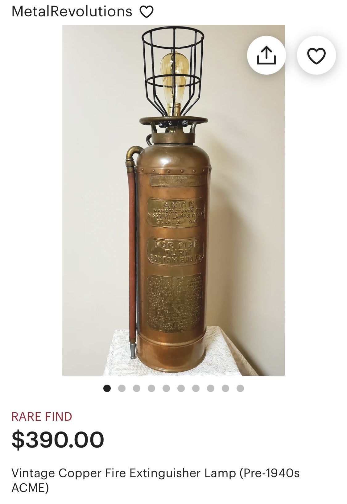 Antique Fire Extinguisher Lamp Base - Copper