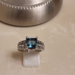 925 Silver CZ and London Blue Topaz Ring Size 8
