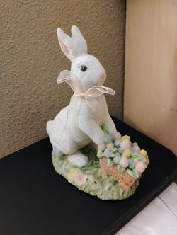 Vintage Frosty Easter Bunny Pushing Cart Of Eggs Ornament Figurine 
