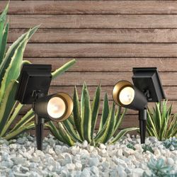 2 Pack Short Solar LED Outdoor Spotlights - Matte Black