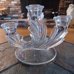 Fostoria Baroque Clear Pressed Glass Triple Candle Holder 
