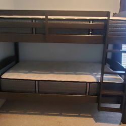 Twin Over Twin Wood Bunk Bed with Stairs - Brown