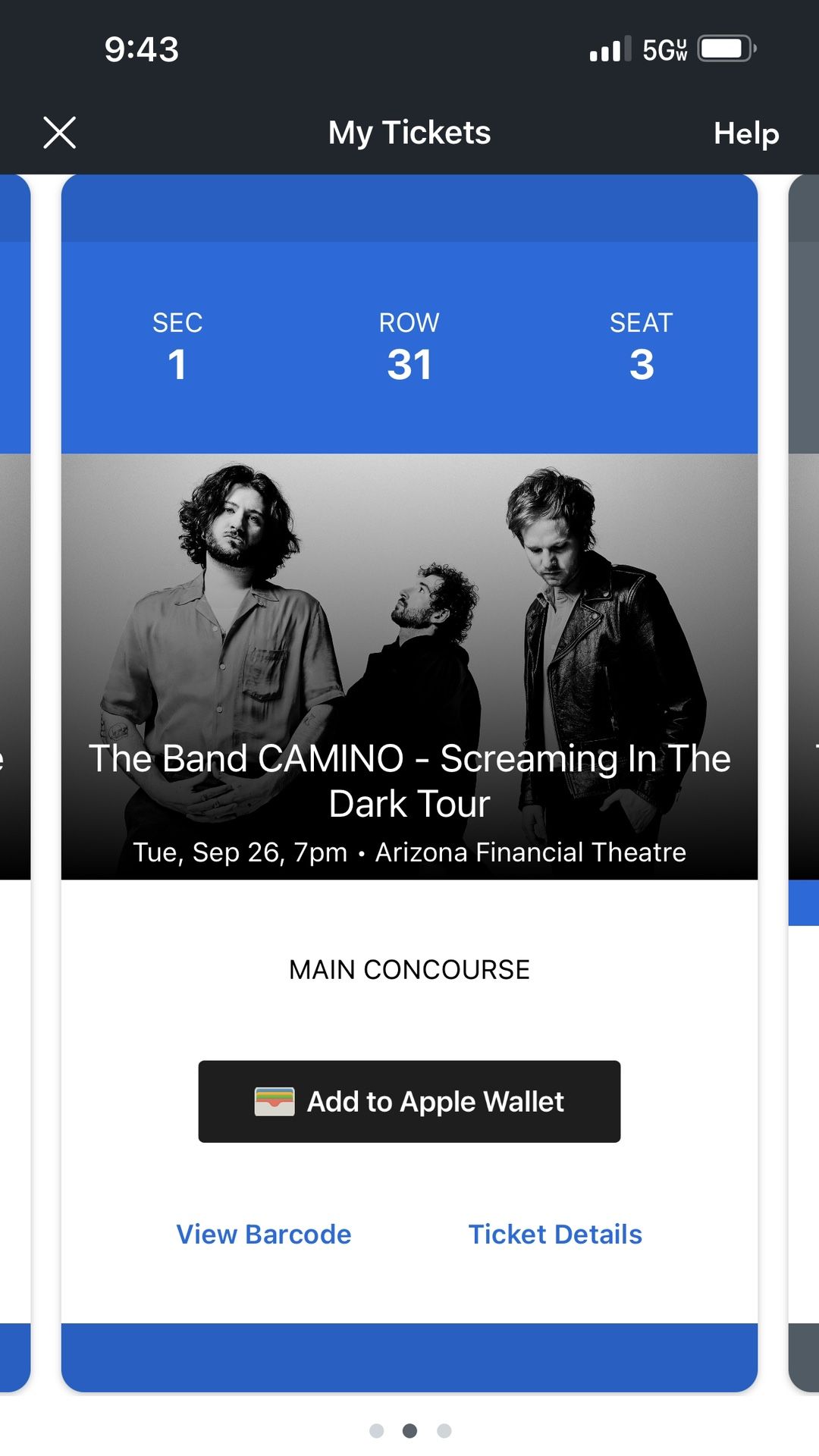 2 LOWER LEVEL SEATS to see THE BAND CAMINO @ Arizona Financial Theatre on 9/26!