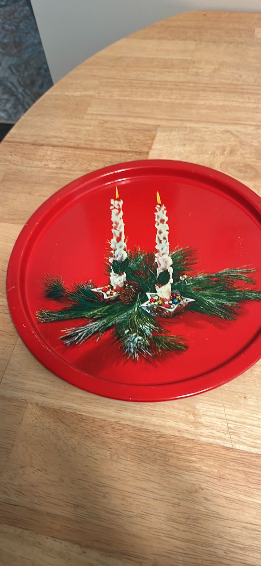 Vintage Red Metal Holiday Serving Tray.