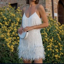 Women's Sexy Sleeveless Spaghetti Strap Feather Fringe Camisole Dress Cocktail Party Evening Dress