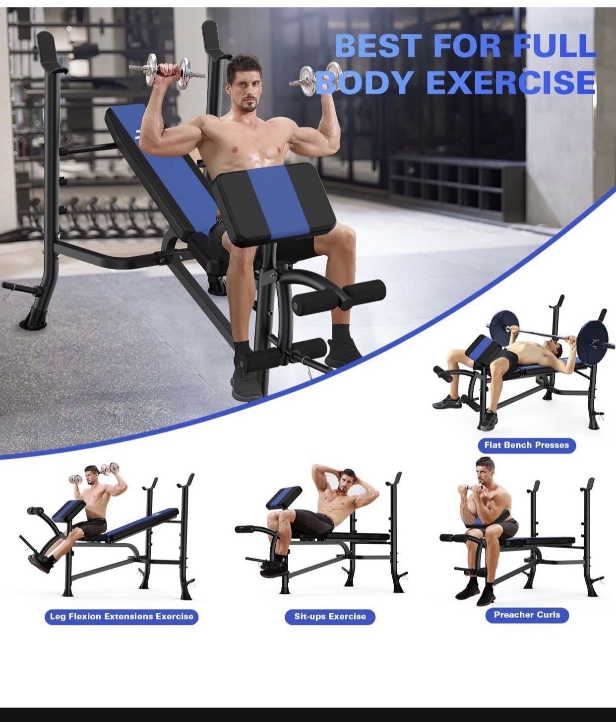 Olympic Weight Bench with Rack , Bench Press Rack with Leg Extension, Preacher Curl, and Weight Storage for Home Gym Weight Lifting and Strength Train