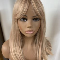15 Inch Medium Blonde Synthetic Wig With Pink Highlights And Parted Bangs