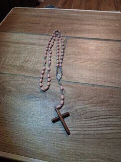 Vintage Pink Bead Catholic Rosary Wooden Cross