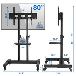 Tall Rolling TV Stand with Wheels for 32 to 85 Inch Flat Panel TVs Tilt , Black Mobile TV Cart