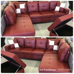 Brand New Red Leather Sectional With Storage Ottoman 