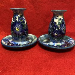 Set of 2 4.5 Inch Handmade Hand Painted Blue Ceramic Greek Floral Design Candle Holders Imported From Greece