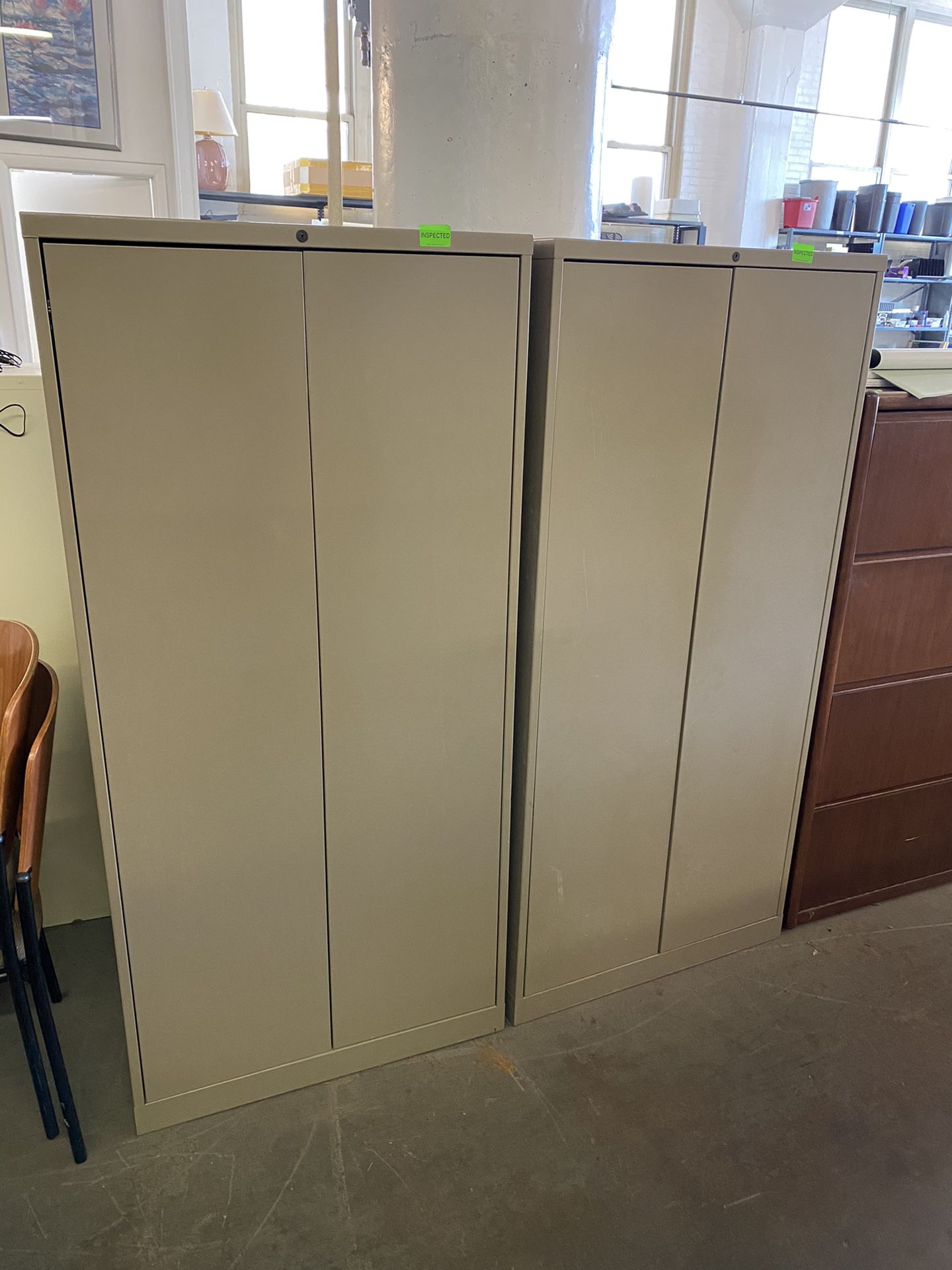 30"W x 18"D x 63"H Metal Storage Cabinet by Knoll w/ Lock & Key in Dark Beige w/ 3 adjustable shelves + the bottom shelf