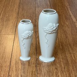 Vintage Lenox Porcelain Rosebud Collection Vase Set - 24K Gold Trim at Base & Top Rim
