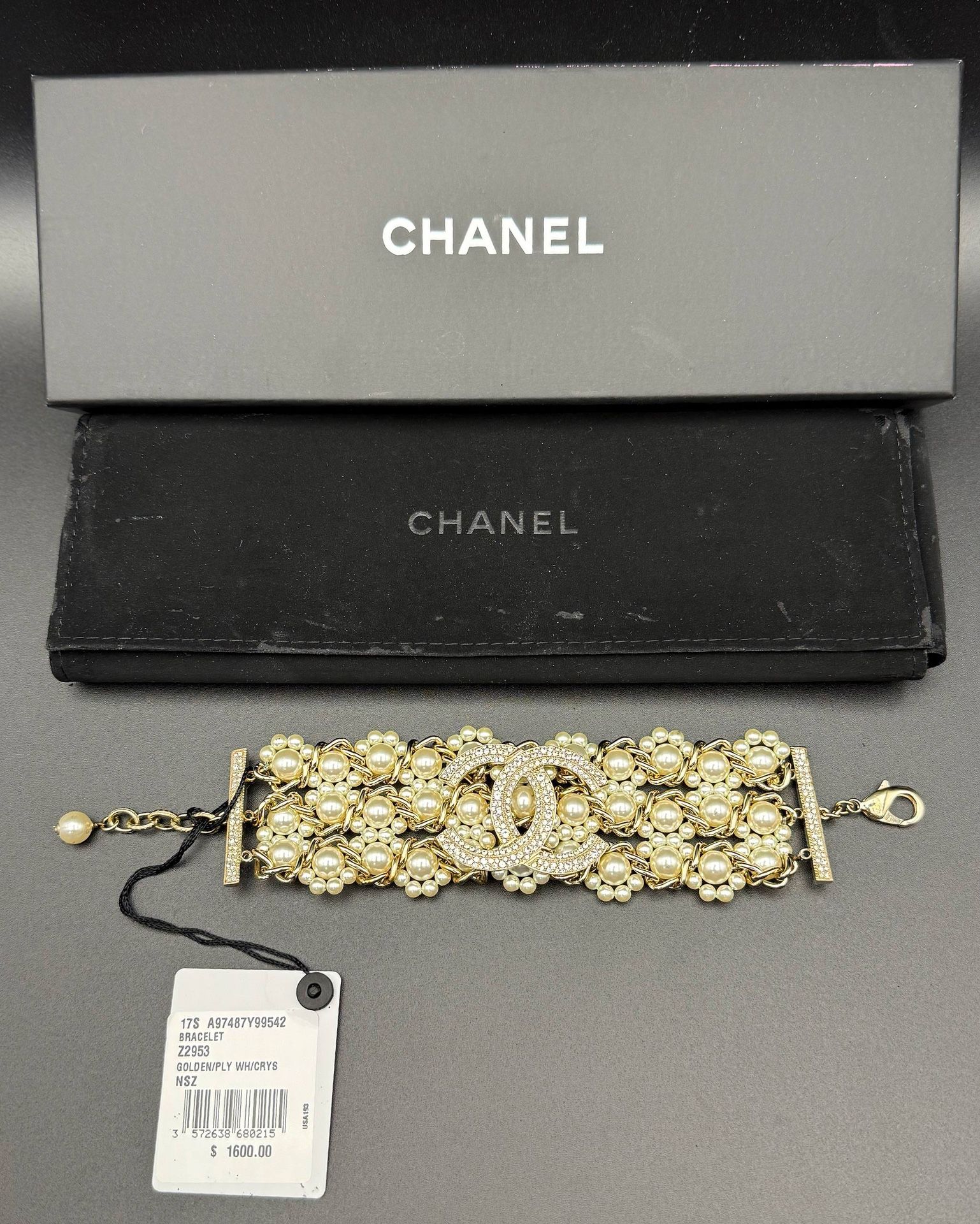Authentic Chanel Large Golden Pearl & Strass Bracelet box & tag