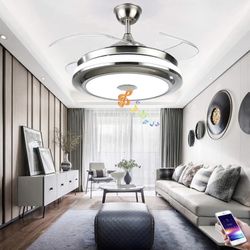 Fandian 42'' Modern Smart Ceiling Fans with Light,Bluetooth Speaker Music Player Chandelier, 3 Colors 3 Speeds Retractable Blades with Remote Control,