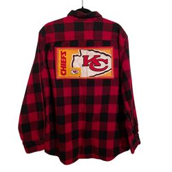 Upcycled Kansas City Chiefs Red and Black Plaid Flannel Button Front Shirt XL