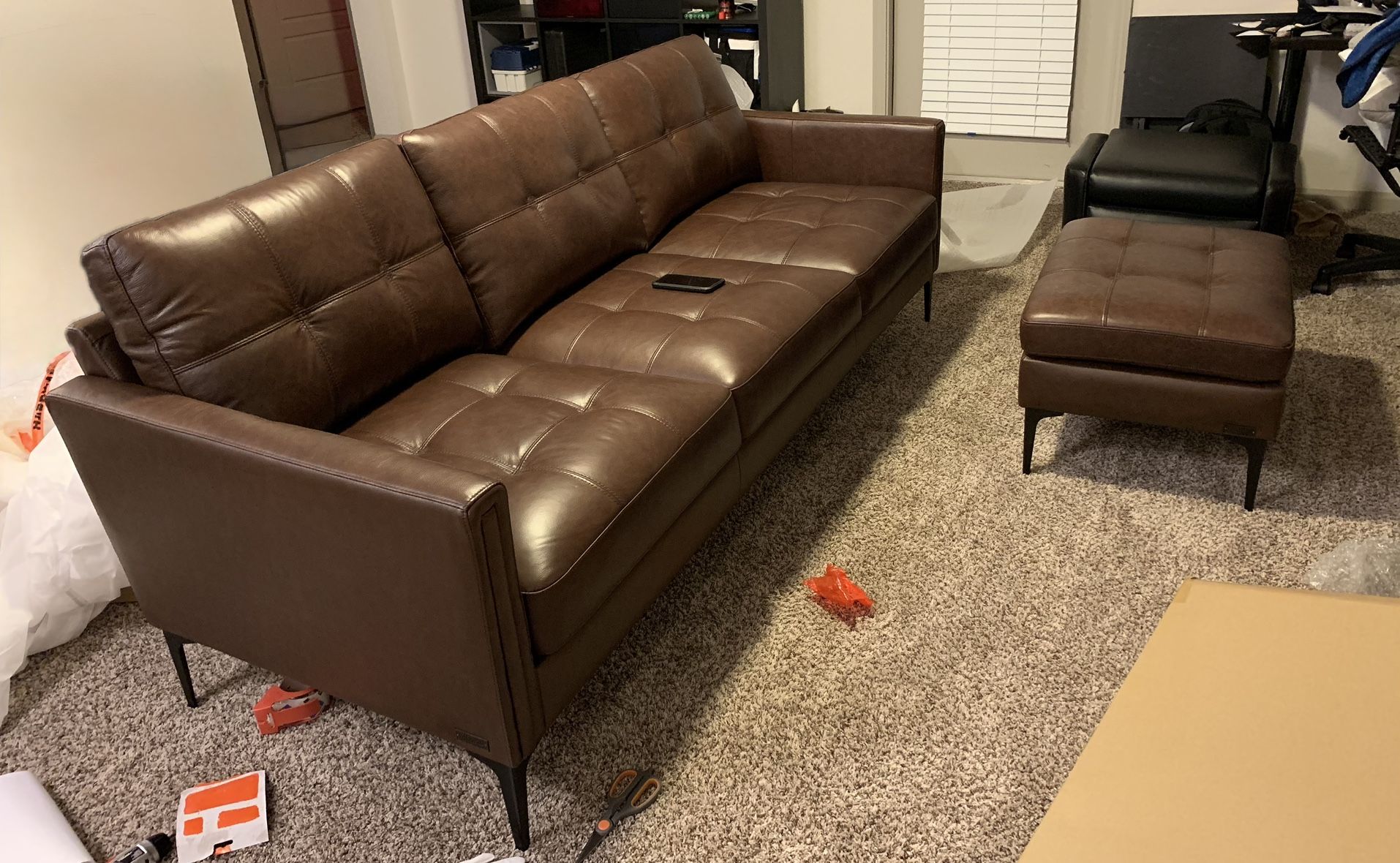 Brown Leather Couch/Sofa & Ottoman