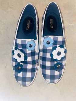 Michael Kors Slip-On Flats Leather Gingham Floral Black White Women's Size 6
