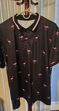 DEOTSY Men Polo Shirts Men Flamingo Print Polo Shirt (Color : Black, Size L