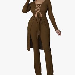 Brown 2 Pieces Lace Up Tunic Tops Shirts Cardigan Wide Leg Pants  Tracksuit Set