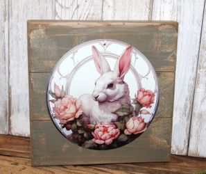 NEW Shabby Chic French Country Cottage White Bunny Rabbit & Floral Pallet Box Wall Decor Plaque