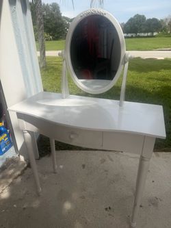 White Vanity Table with Oval Mirror