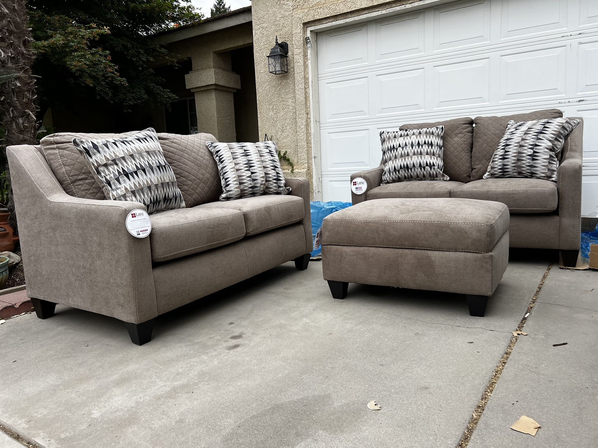 Brand New. (Set of 2) Lane Love Seat Sofa’s. With Storage ottoman. $699