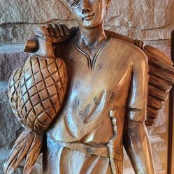 Vintage Wood Statue Of Boy Carrying Pineapples 