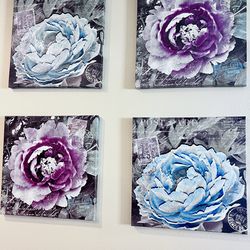 Set of 4 Large 24" Floral Canvas Art - Postcard Peonies
