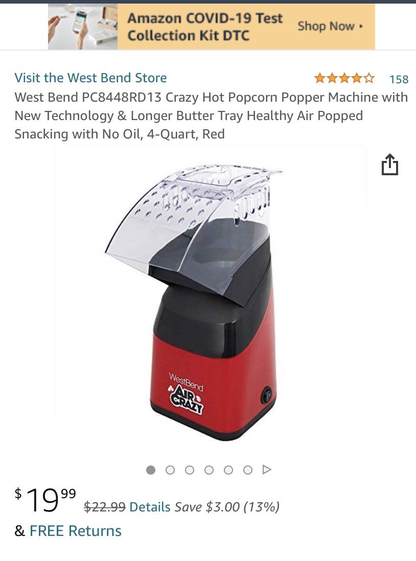 West Bend PC8448RD13 Crazy Hot Popcorn Popper Machine with New Technology &  Longer Butter Tray Healthy Air Popped Snacking with No Oil, 4-Quart, Red  for Sale in Concord, NC - OfferUp