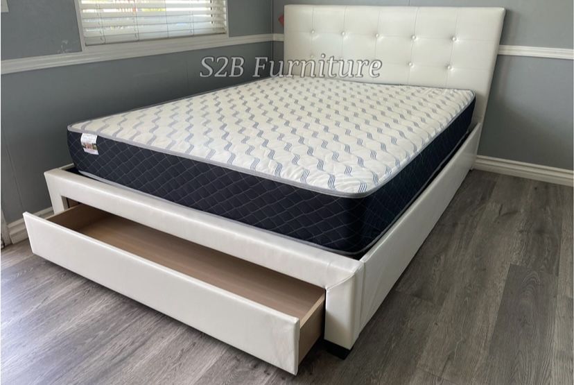 Queen White Platform Bed With Ortho Mattress Included!!