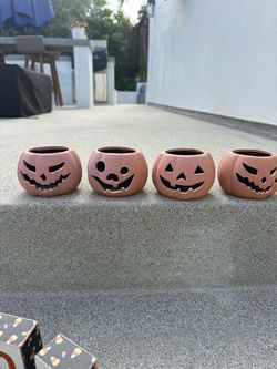 Set of 4 Terracotta Jack-O-Lantern Candle Holders