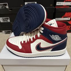 Nike Air Jordan 1 Mid Gym Red Sail White Blue DQ7648-600 Womens Size 10.5/ 9 Mens Brand New