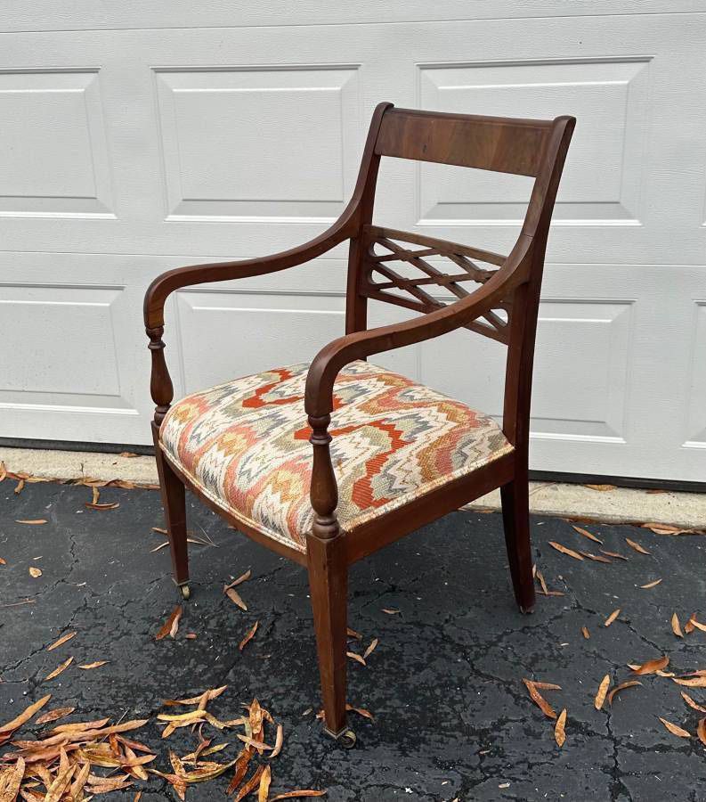 Mahogany Inlaid Back Wheeled Accent Arm Chair