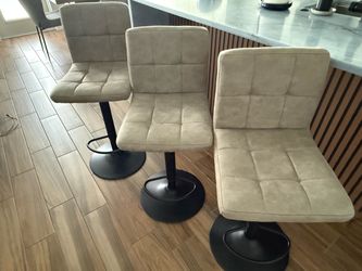 Set of 3 Duhome Adjustable Swivel Barstools – Greige Upholstery & Black Bases