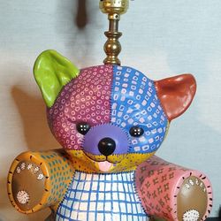 Vintage Ceramic painted Patchwork Bear Table Lamp