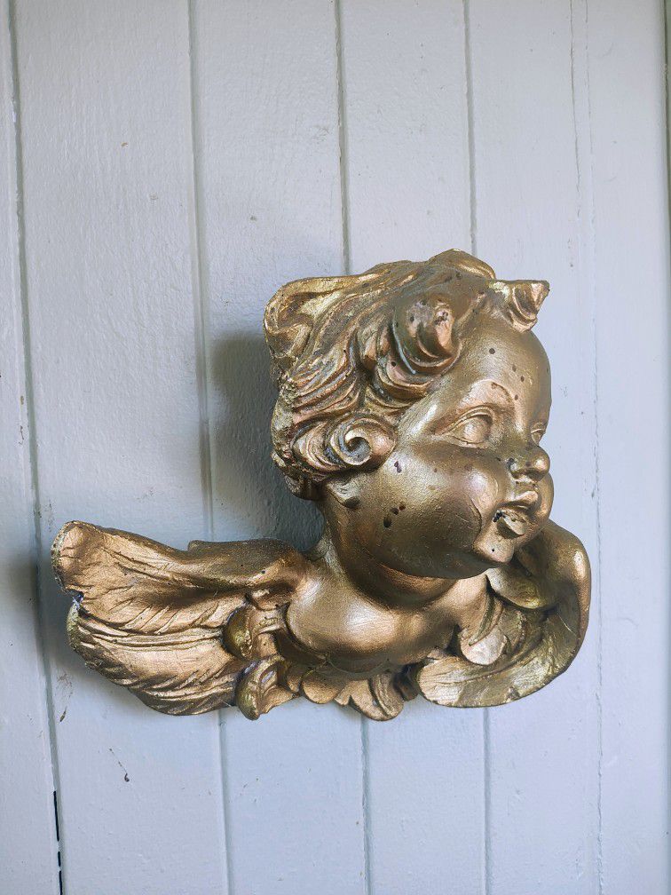 Antique HEAVY Gilded Gold Cherub Busts And Mirror Set