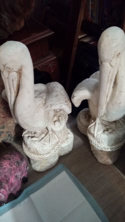 Pair of Carved Pelican Statues on Rope Base heavy cement