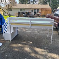 White wood kids Loft twin Bed With Staircase with mattress