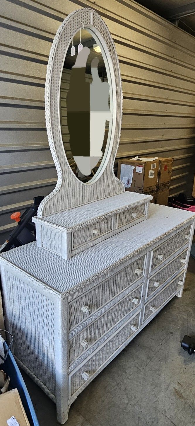 Vintage Wicker Glasstop Dresser