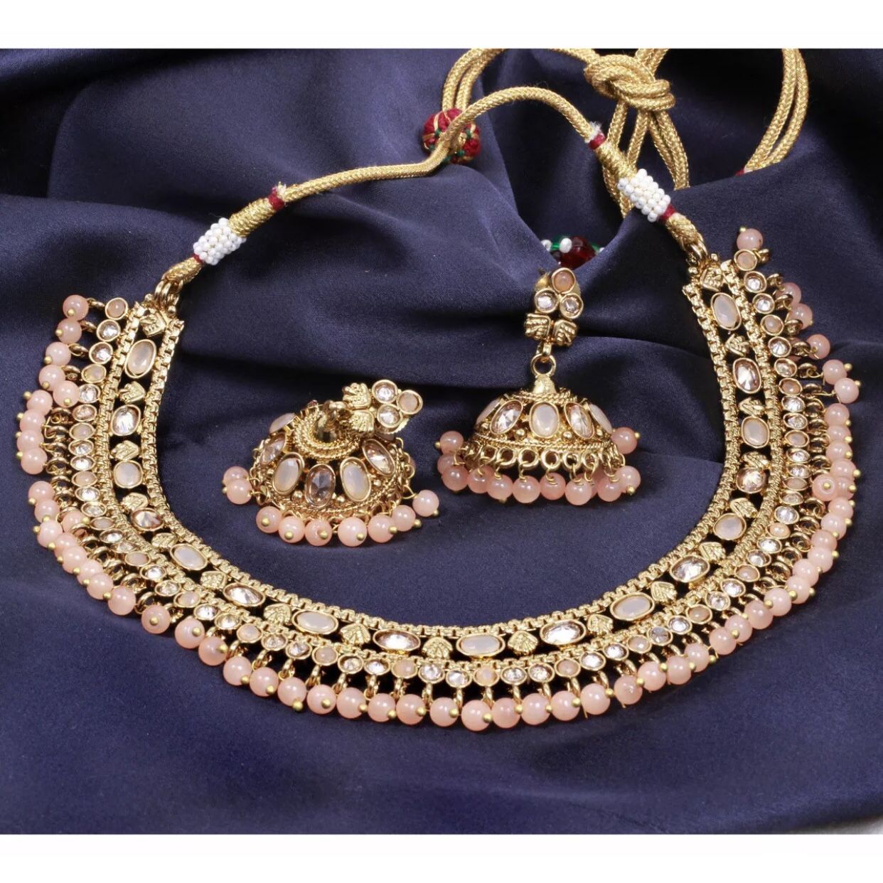 Gold plated Indian Kundan beads HIGH QUALITY necklace earrings jumka set