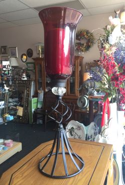 Red Glass Candle Holder w/Special Candle