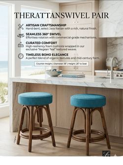 Vintage Mid-Century Rattan Swivel Bar Stools- Boho / Tiki Style