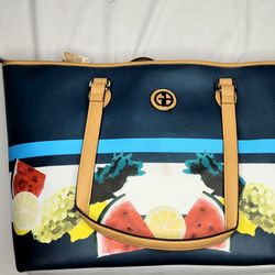 Giani Bernini Large Tote Blue White Saffiano Leather Top Zip Pineapple Fruit NWT