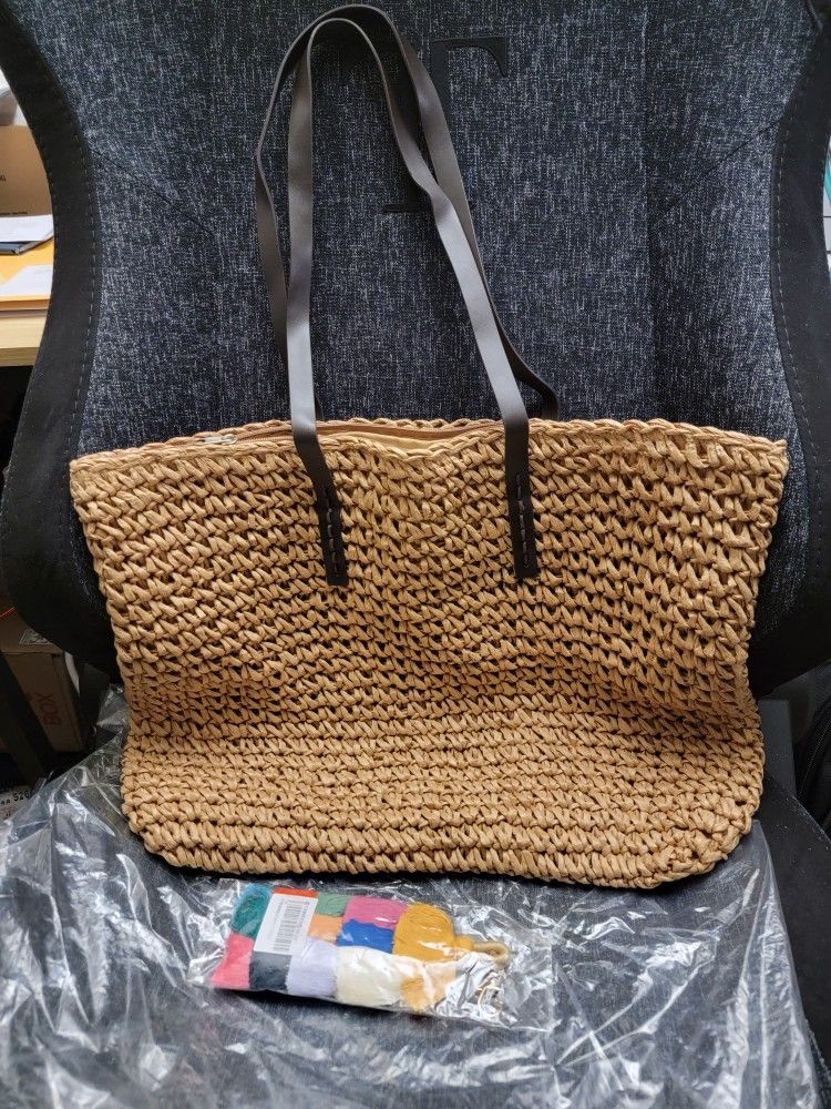 Women Straw Woven Tote Large Beach Handmade Weaving Shoulder Bag Purse Straw Handbag with Free Boho Keychain NEW