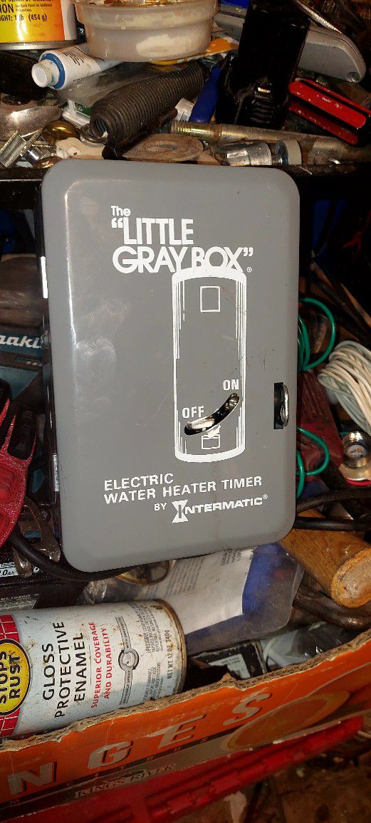 The little Gray Box electric water heater timer by Intermatic