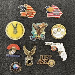 Lot of 10 lapel pins, Veteran, American Legion, POW. Lindsay CA