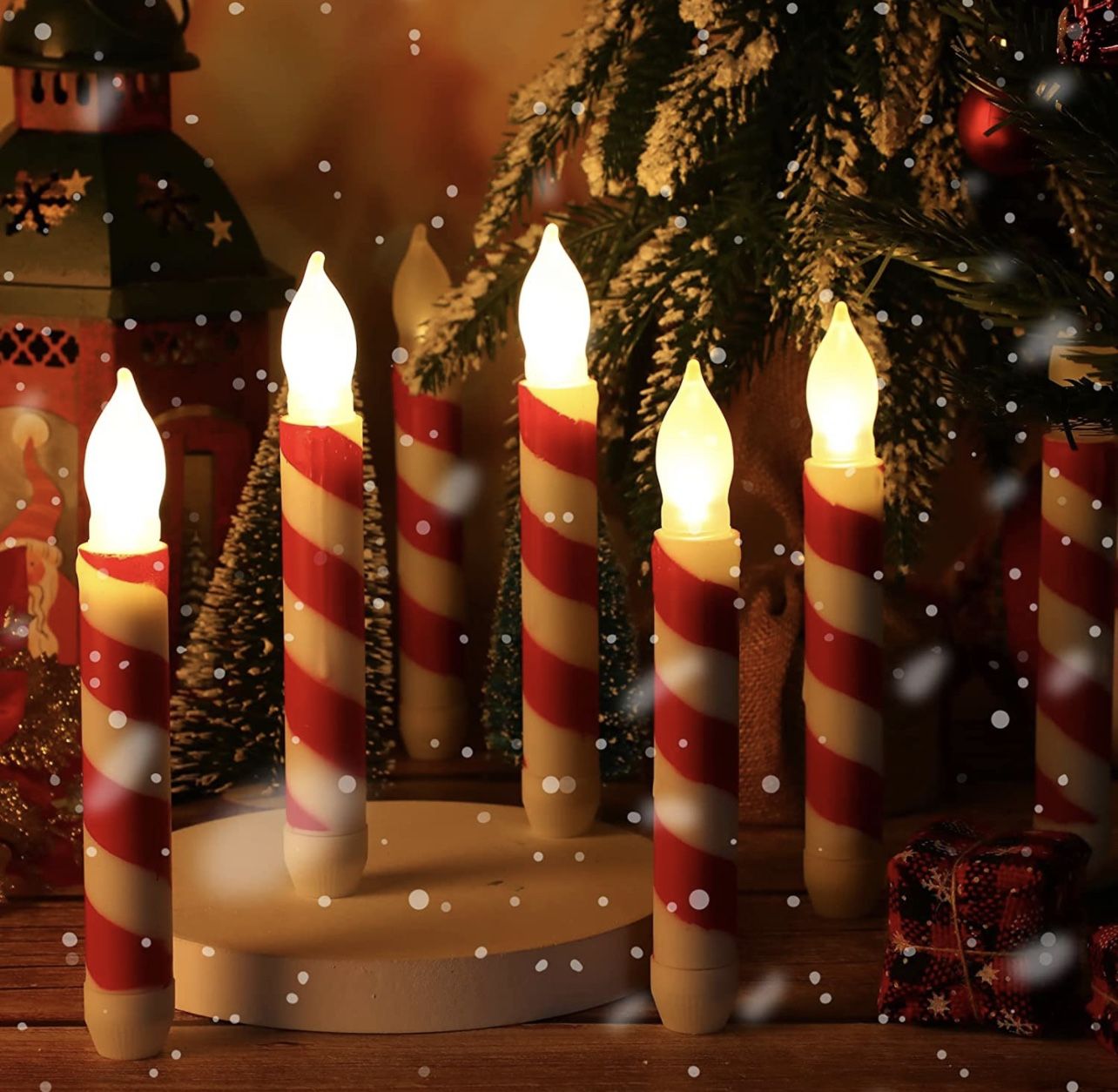 24 Pcs Flameless Striped Taper Candles Flickering Battery Operated Red Stripes LED Handheld Candles Lights for Xmas Church Wedding, 0.8 x 6.5 Inch
