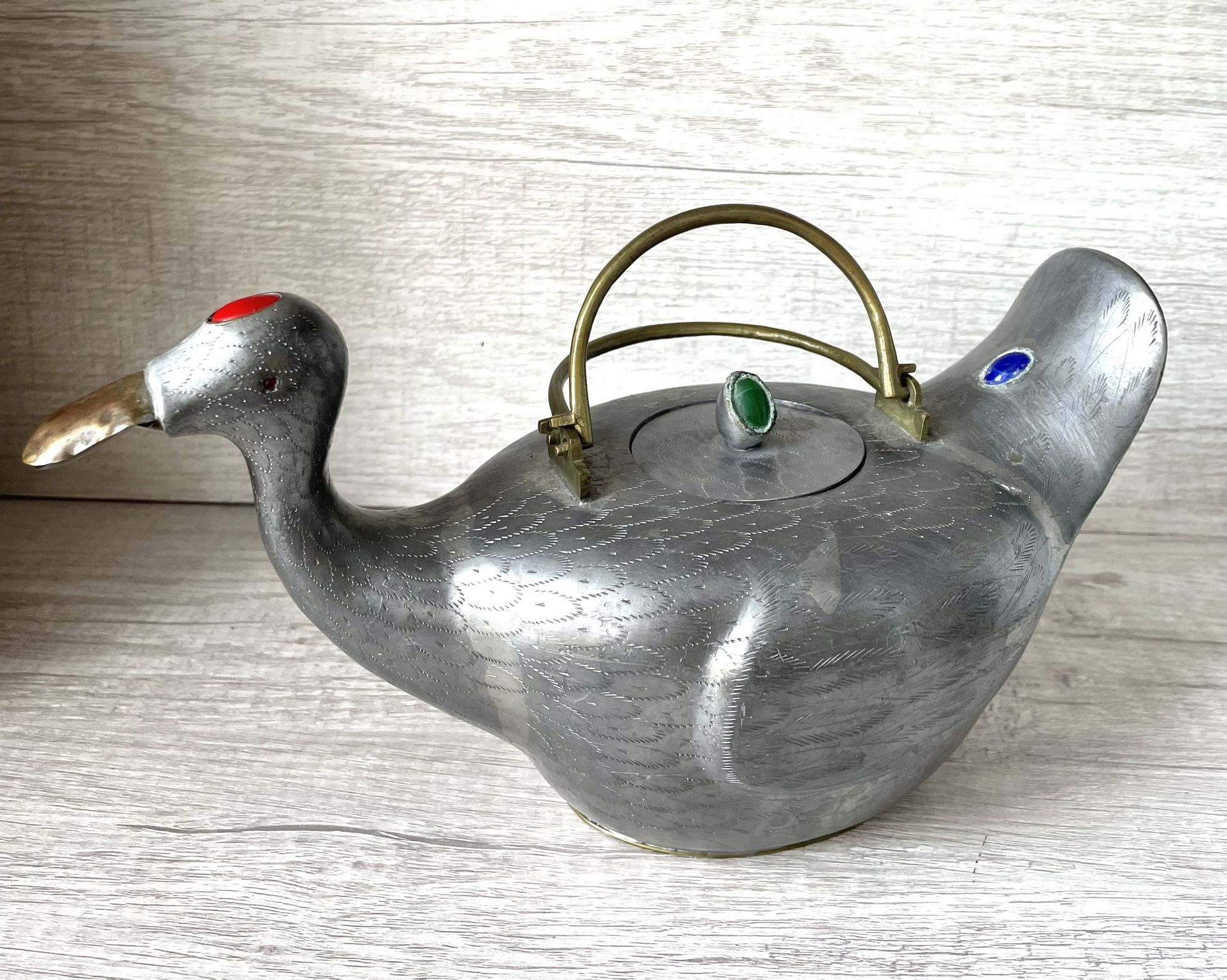 Antique Chinese Pewter and Gemstone Duck Teapot Semi-precious Stones and Brass Details